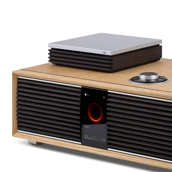 Ruark R-CD100 CD Player in Ebonised veneer finish, shown with R410 Anniversary Edition