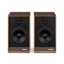 Ruark Sabre-R Bookshelf Speakers in Fused Walnut veneer cabinet and slat detailing