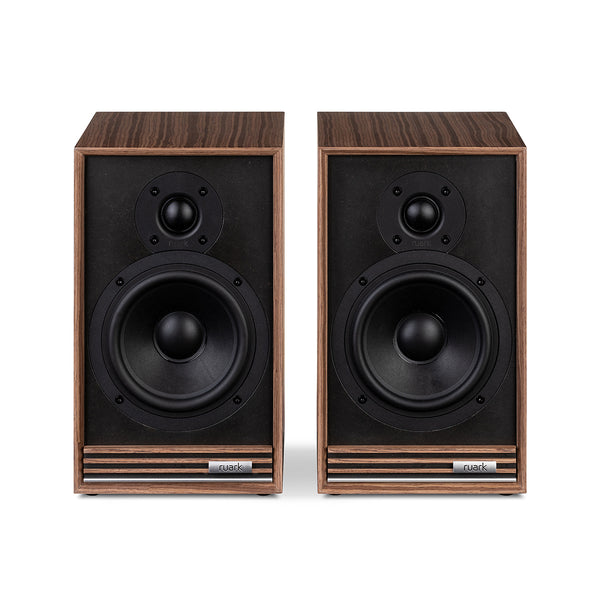 Ruark Sabre-R Bookshelf Speakers in Fused Walnut veneer cabinet and slat detailing