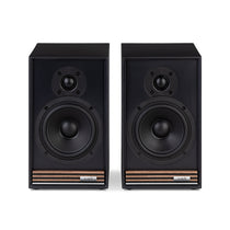 Ruark Sabre-R Bookshelf Speakers in Satin Charcoal lacquer cabinet with Walnut slat detailing