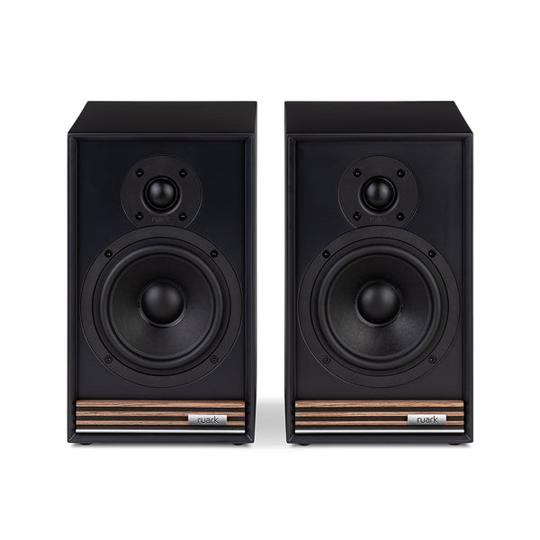 Ruark Sabre-R Bookshelf Speakers in Satin Charcoal lacquer cabinet with Walnut slat detailing