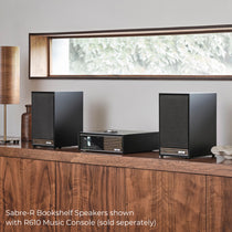 Ruark Sabre-R Bookshelf Speakers in Satin Charcoal lacquer cabinet and slat detailing, shown with R610 Music Console